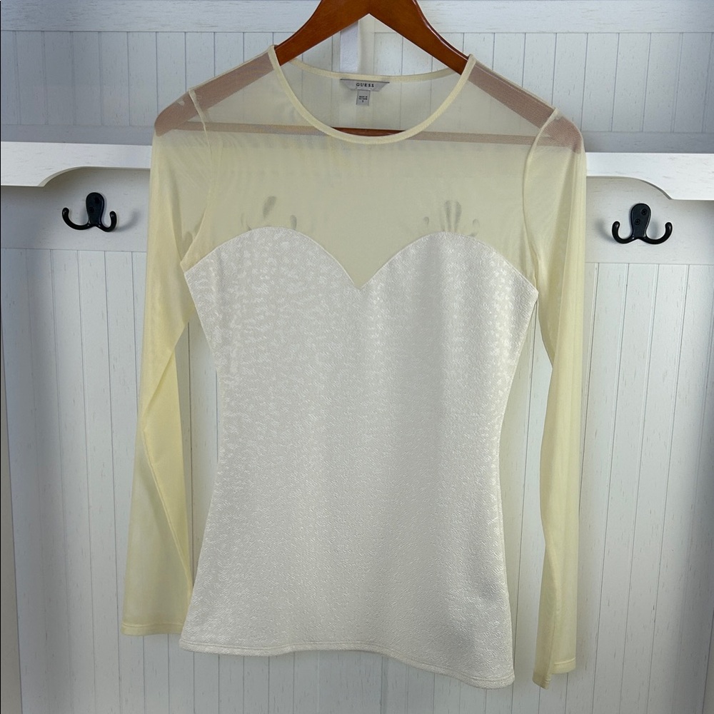 GUESS Y2K Sheer Mesh Sweetheart Top Ivory Small